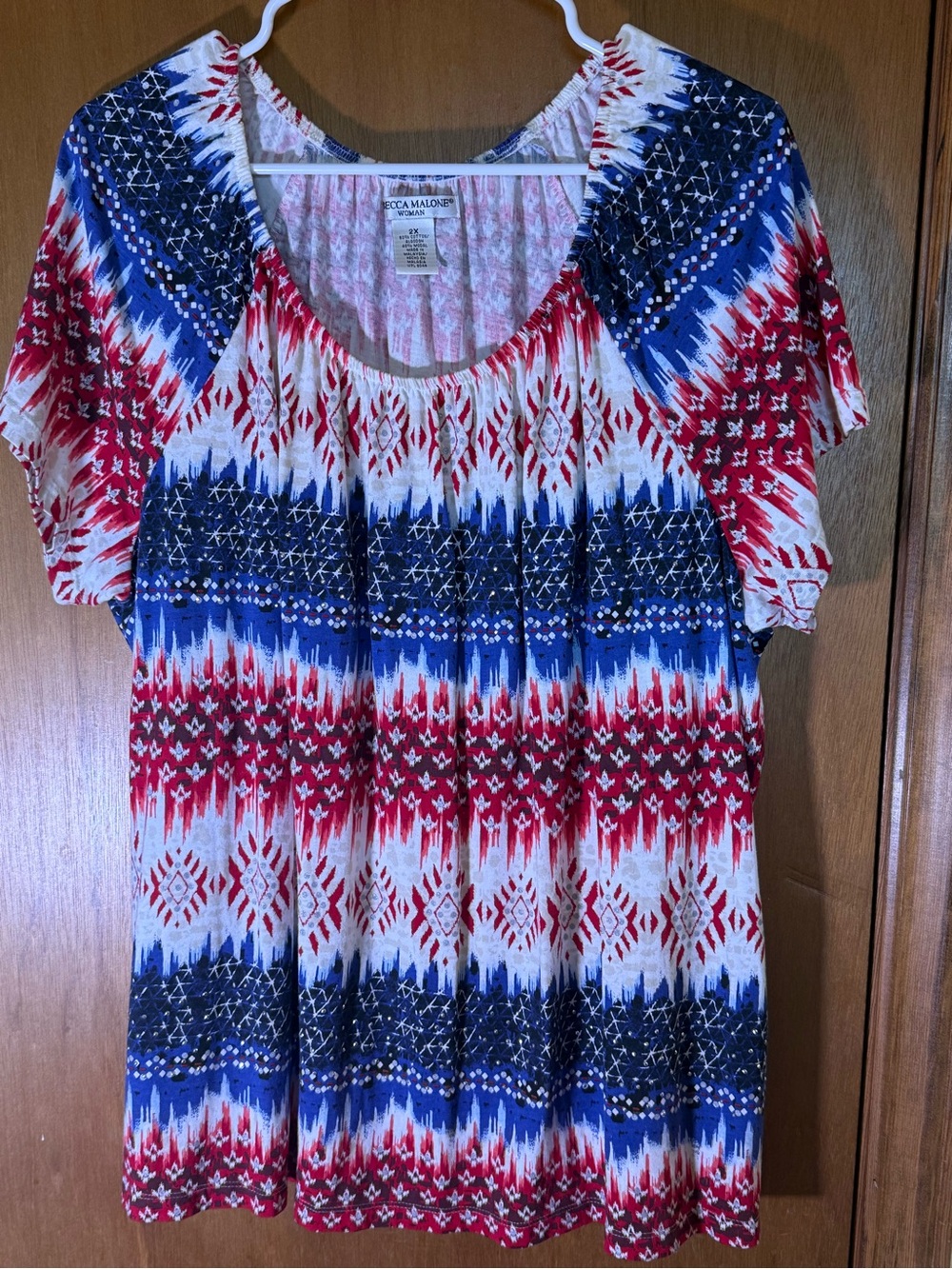 Rebecca Malone Red, Blue & White Patterned Short-Sleeve Blouse